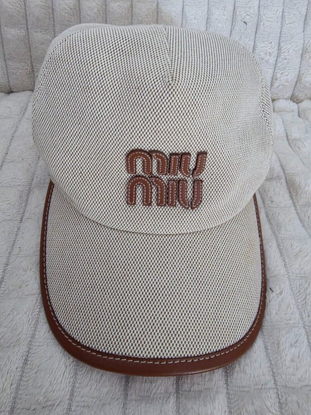 Miu Miu Beige Canvas & Leather Trim Logo Baseball Cap Hat - Size M (58cm) - 5HC1